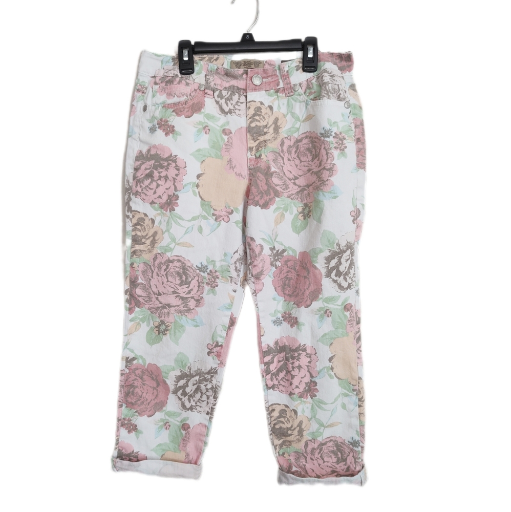 Nine West Vintage America Jeans Floral Boho White Capri Size 8 / 29